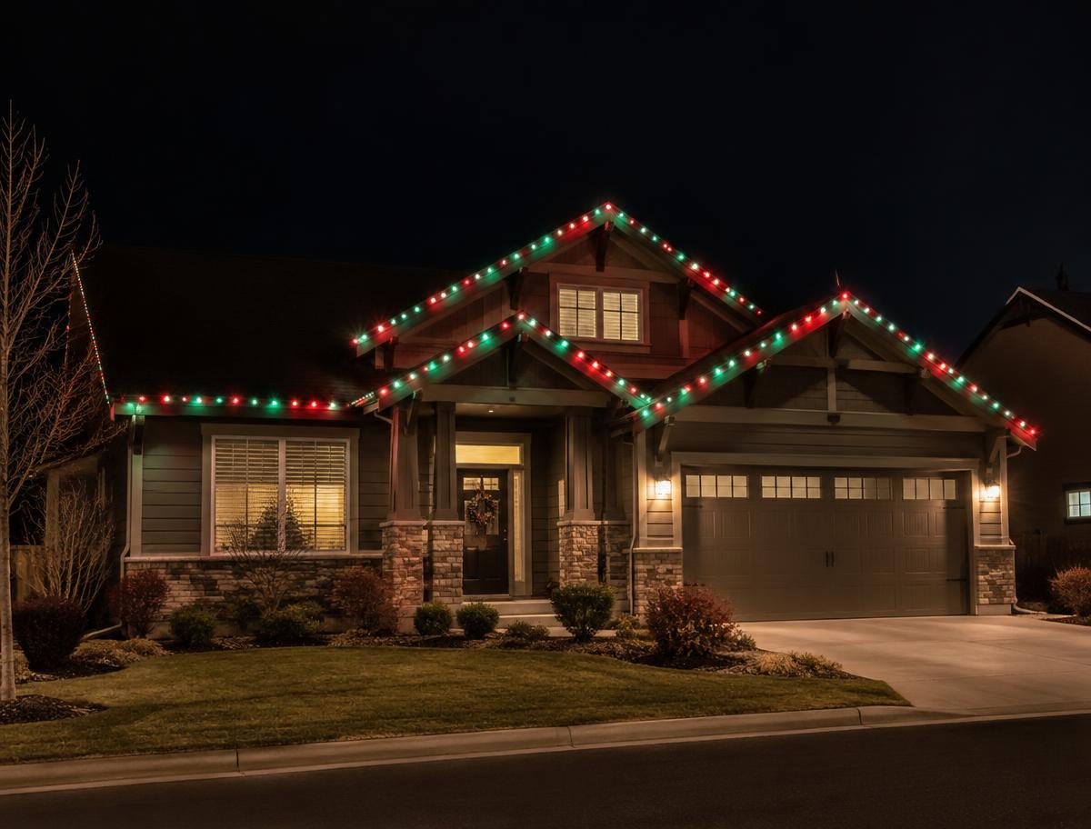 Craftsman home with red and green holiday roofline lights