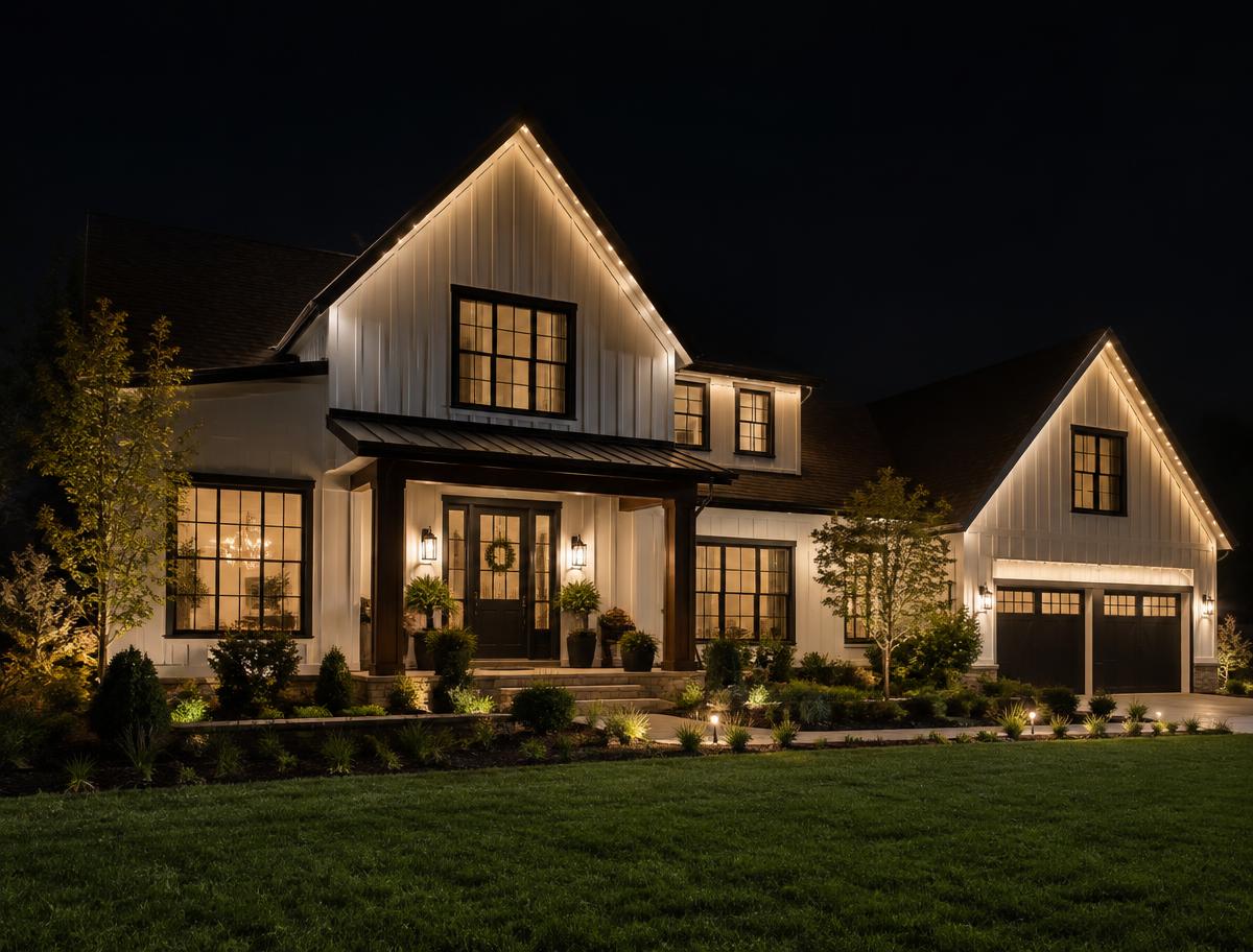 Modern farmhouse with soft architectural roofline lighting