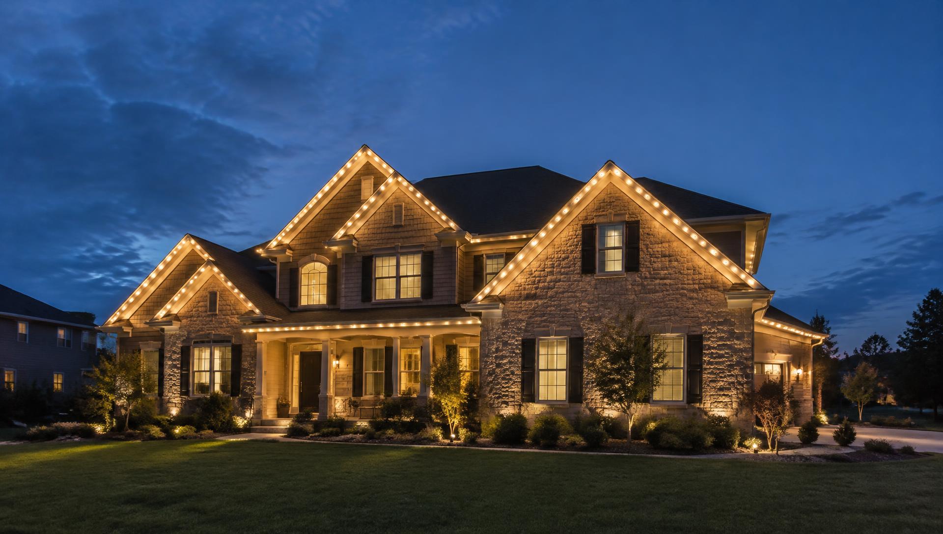 Two-story home with warm white roofline lighting at dusk